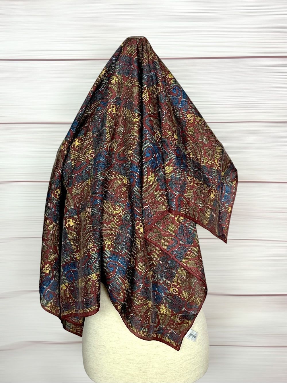 Jacqueline Ferrar Silk Scarf Micro Paisley Geometric Pattern Burgundy Blue Beige